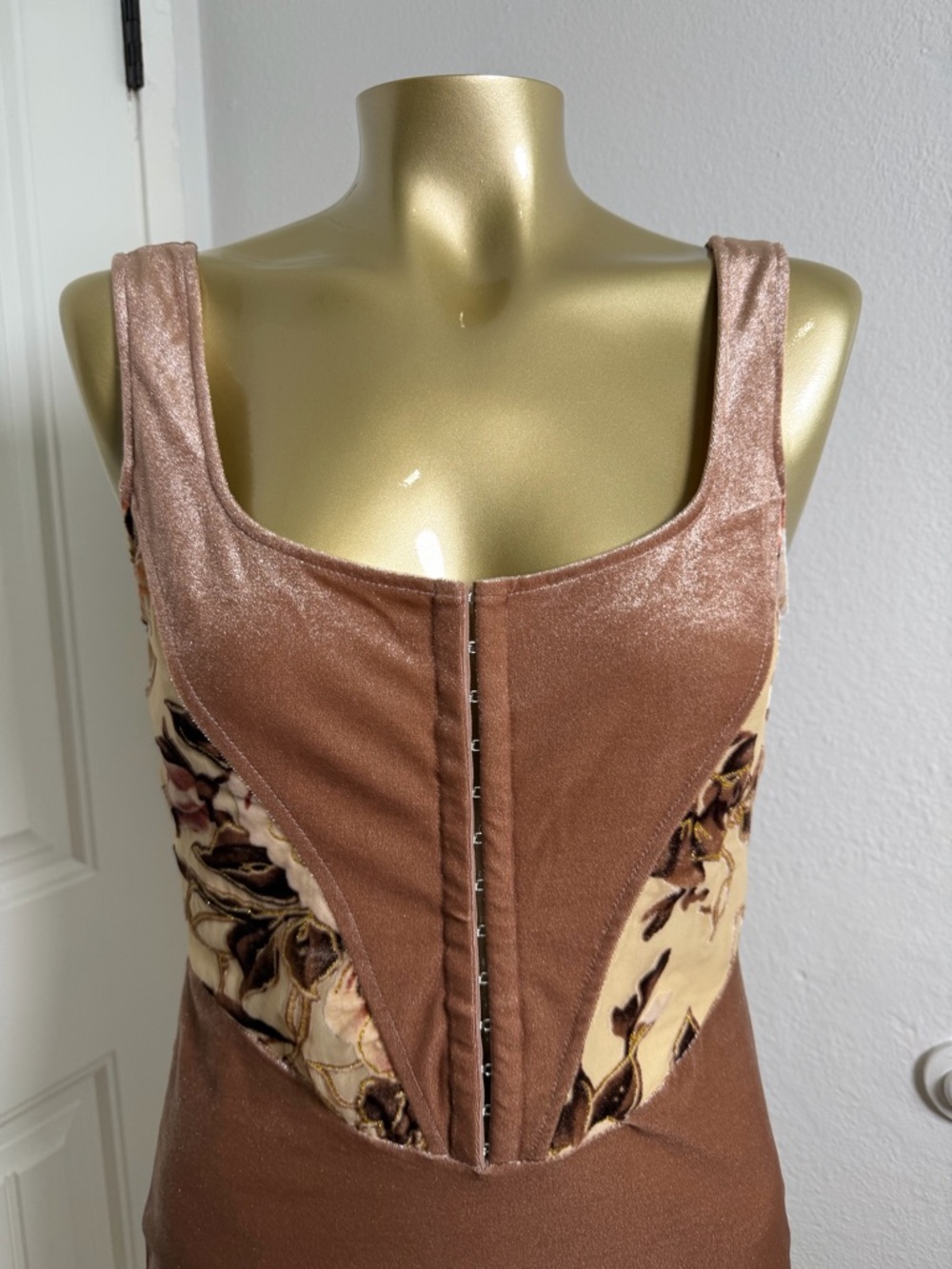 Windsor Rose Gold Velvet Corset Mini Dress with Floral Side Panels - Picture 3 of 7